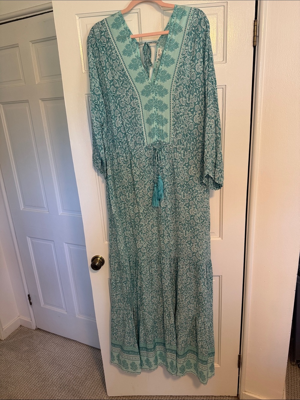 Bohemian Maxi Dress with Tassel Tie in Teal - Picture 4 of 6